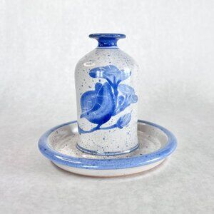 Vintage Robert Fishman Pottery RFP Stoneware Bud Vase with Blue Flowers